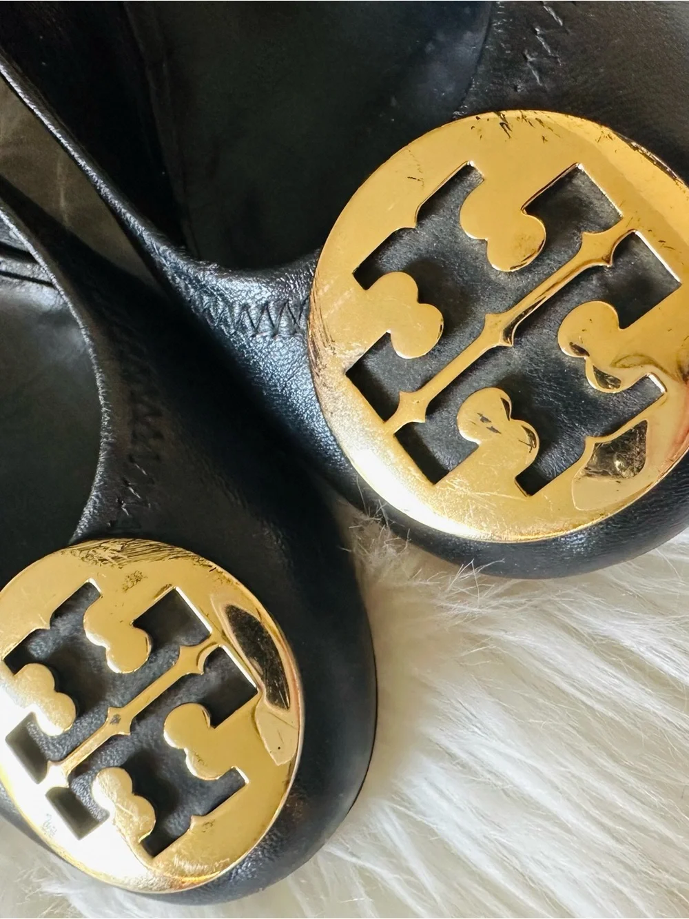 Tory Burch Sally Black Leather Wedge Pumps Gold Reva Logo Medallion Heels 7.5M
